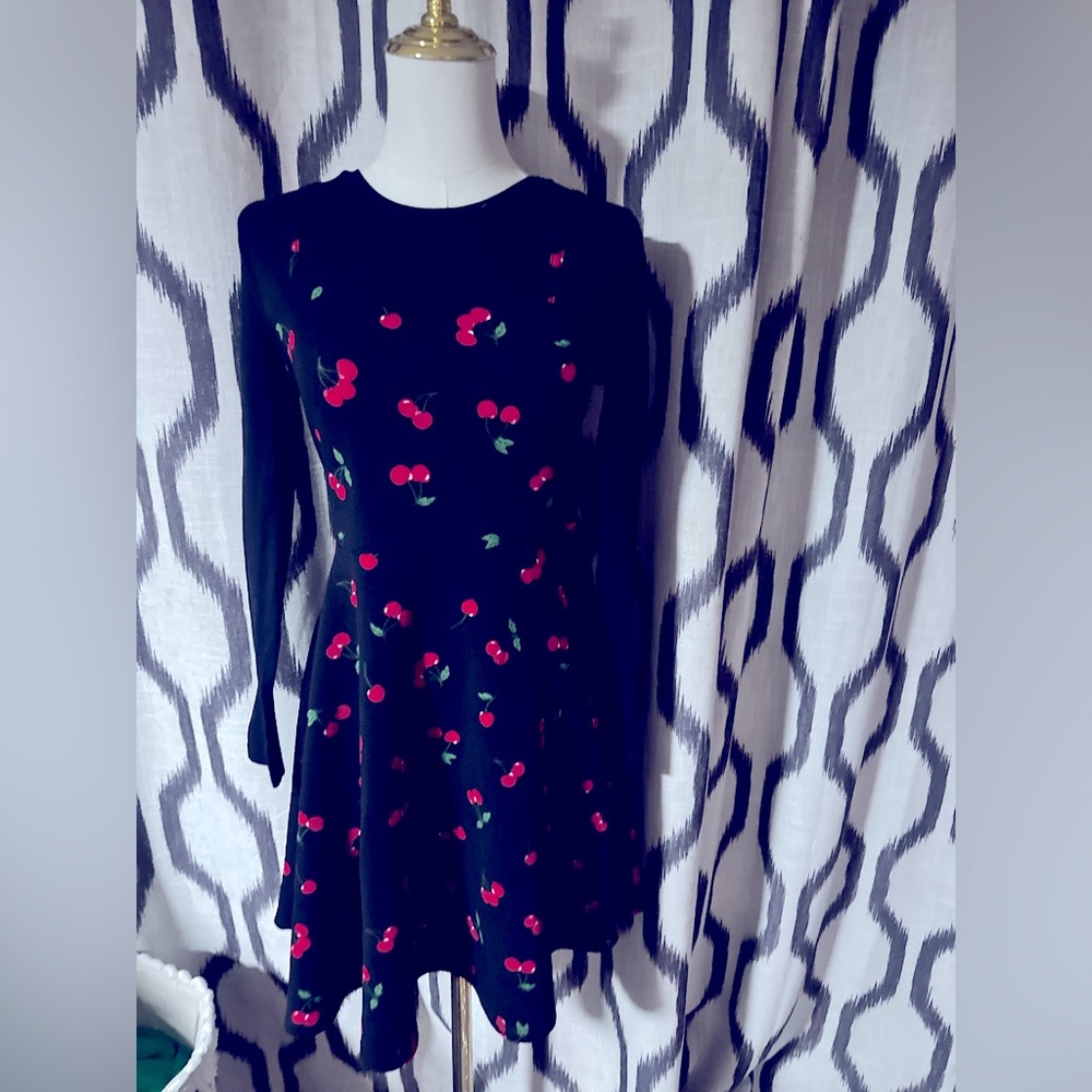 Girls 14Y long sleeve Black Dress Cherry Pattern nwot
